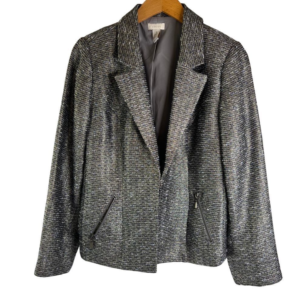 Chicos Silver‎ Sparkly Metalic Dressy Blazer Event Career Sz Chicos 1/SM/MD